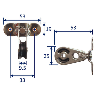 Small Pulley Block with Screw Mounting Plate and Swivel made in Stainless Steel