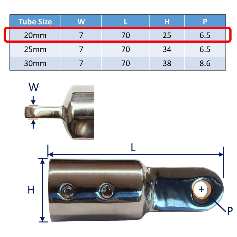 20mm Tube End Cap made from A4 Stainless including 2 Grub Screw Fixings