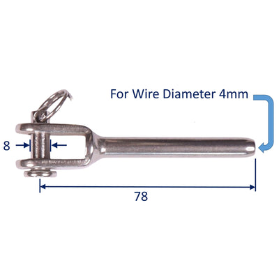 Wire Rope Swage Terminal with Fork End & Clevis Pin, made in A4 Stainless Steel