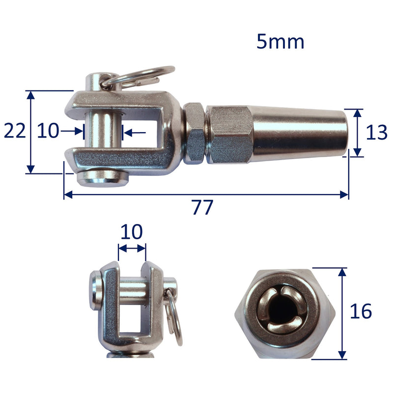 Terminal Eye Fork For Wire Rope, A4 Stainless Steel, With Mechanical Grip Connection