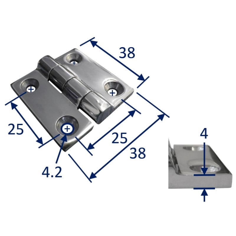 316 Stainless Steel Square Hinge 38x38mm Solid 316 Stainless