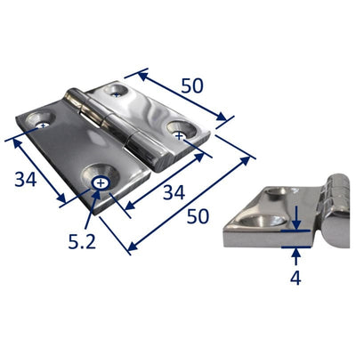 316 Stainless Steel Square Hinge 50x50mm Solid 316 Stainless