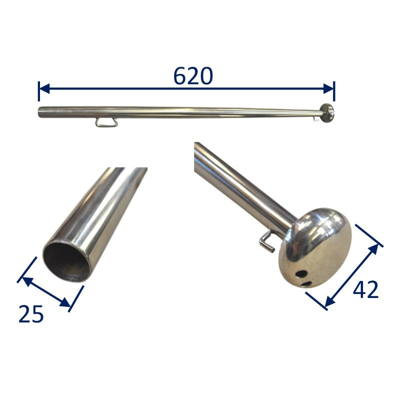Stainless Steel Flag Pole 0.62 metres In Length, 25mm Diameter, Polished 316-Grade Stainless Steel