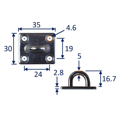 Square Mounting Eye Plate, Loop, A2 Stainless Steel