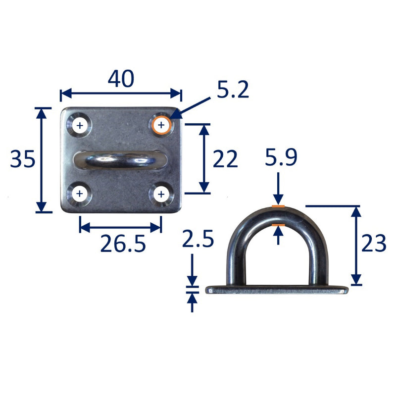 Square Mounting Eye Plate, Loop, A2 Stainless Steel