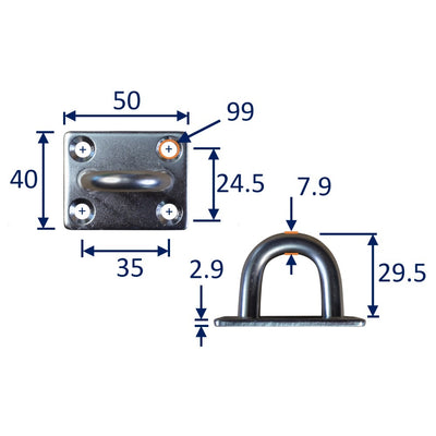 Square Mounting Eye Plate, Loop, A2 Stainless Steel