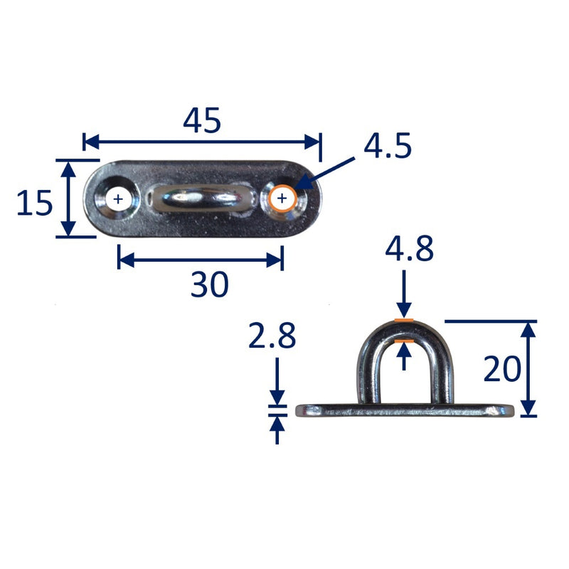 Long Oval Mounting Eye Plate, Loop, A2 Stainless Steel with 2 Screw Holes