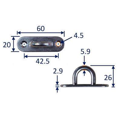 Long Oval Mounting Eye Plate, Loop, A2 Stainless Steel with 2 Screw Holes