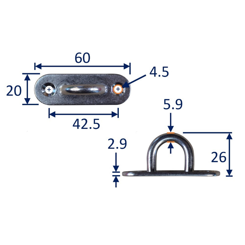 Long Oval Mounting Eye Plate, Loop, A2 Stainless Steel with 2 Screw Holes