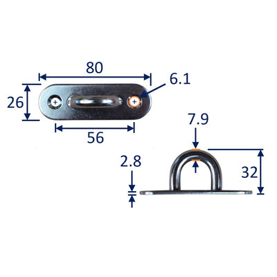 Long Oval Mounting Eye Plate, Loop, A2 Stainless Steel with 2 Screw Holes