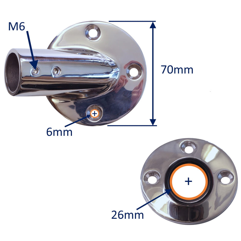 Flanged Tube Mounting Support, 30-Degree Angle Tube Mounting Socket For 25mm Tube in A4 Stainless Steel