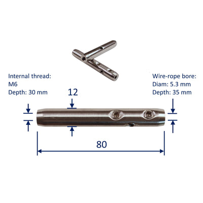 Female Metric Thread Wire Rope End Fitting, Grub-Screw Securing, A4 Stainless Steel