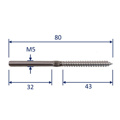 Metric Stud or Terminal Connector with Wood Screw Thread, 3 sizes, A4 Stainless Steel