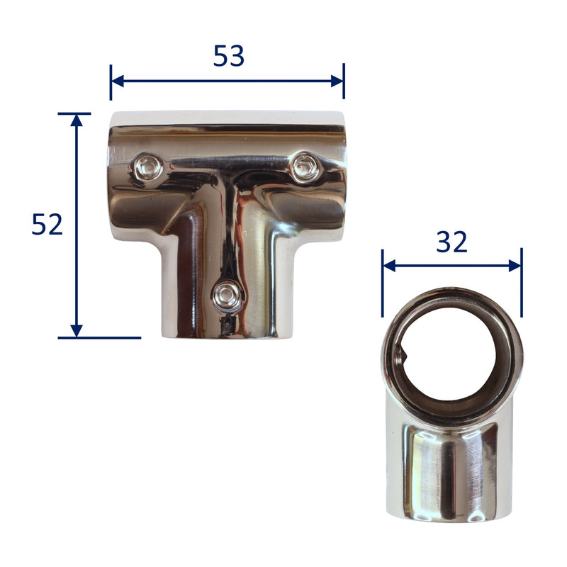 Tubular 90-Degree Tee-Fitting in A4 Stainless Steel, For Joining 25mm Diameter Tubing