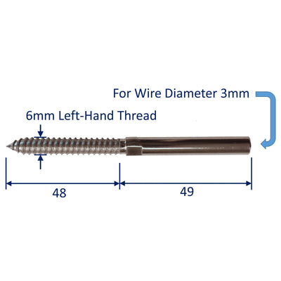 Wood-Thread Swage End Fitting for Wire Rope made in A4 Stainless Steel