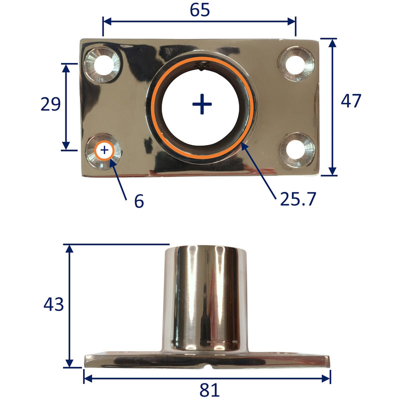 Rectangular Base 90-Degree Tube Mounting Support, Flanged, A4 Stainless Steel With 2 Grub-Screws and 4 countersunk Screw Holes