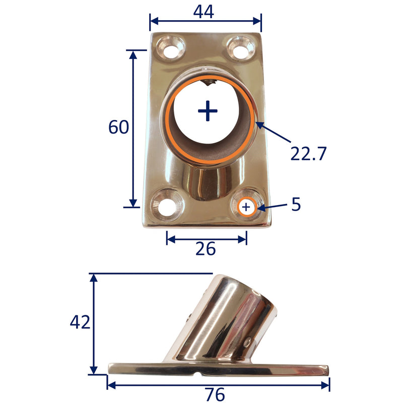 Rectangle Base 60-Degree Tube Mounting Support, Flanged, A4 Stainless Steel with 2 Grub-Screws and 4 Countersunk Screw Holes