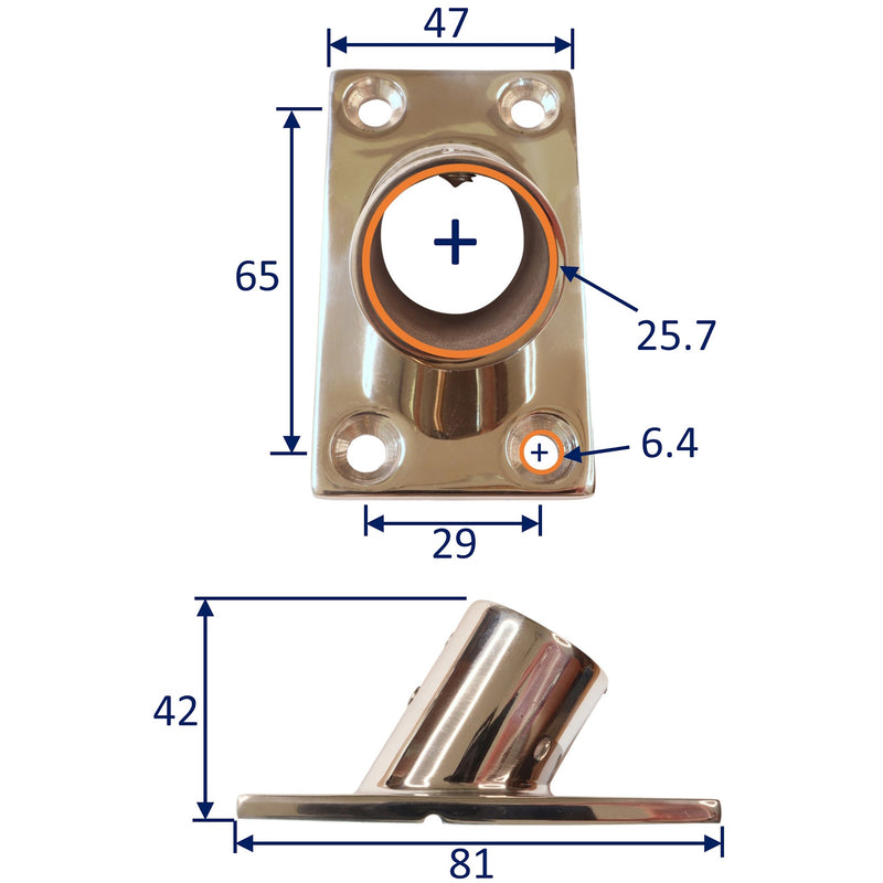 Rectangle Base 60-Degree Tube Mounting Support, Flanged, A4 Stainless Steel with 2 Grub-Screws and 4 Countersunk Screw Holes
