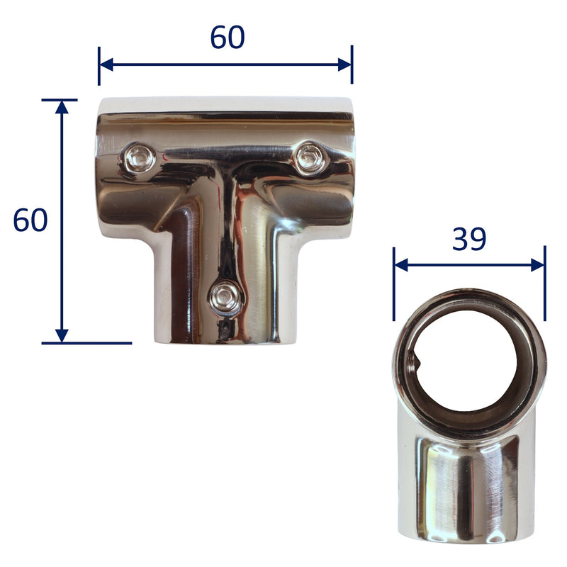 Tubular 90-Degree Tee-Fitting in A4 Stainless Steel, For Joining 30mm Diameter Tubing