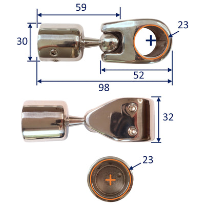 Tube Cap with Ball-Joint, A4 Stainless Steel, Fits 22mm Tubing for Canopy / Awning / handrail Frameworks