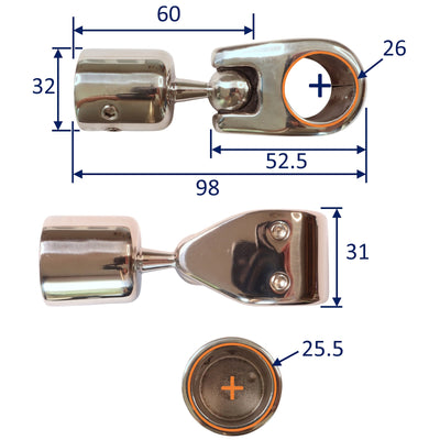 Tube Cap with Ball-Joint, A4 Stainless Steel, Fits 25mm Tubing for Canopy / Awning / handrail Frameworks