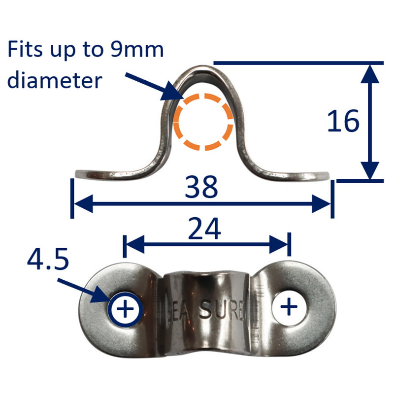 A4 Stainless Steel Eyelet, With Smooth Finish (free from burrs) 24mm Hole Centres, Fits up to 9mm diameter line/cord/wire.