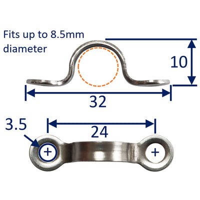 A4 Stainless Steel Eyelet, With Smooth Finish 24mm Hole Centres, fit up to 8.5mm diameter line, cord, wire.
