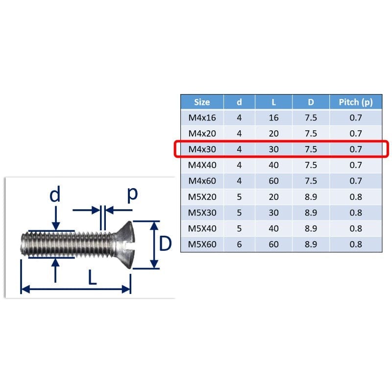 M4 Raised Slot Contersunk Head Set-Screws In 316 Stainless 