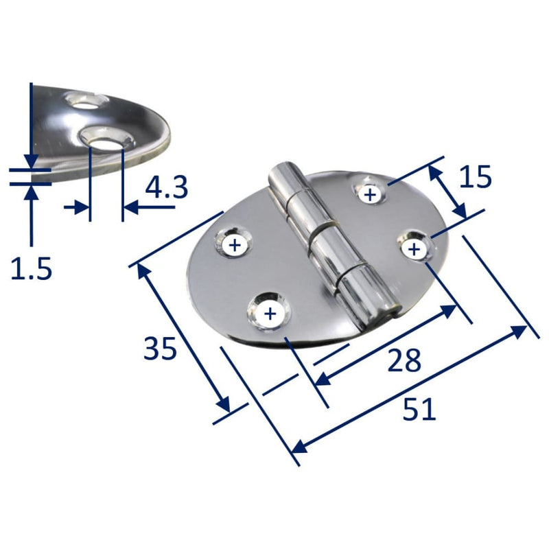 Oval Stainless Steel Hinge With Polished Finish 51x35mm For 
