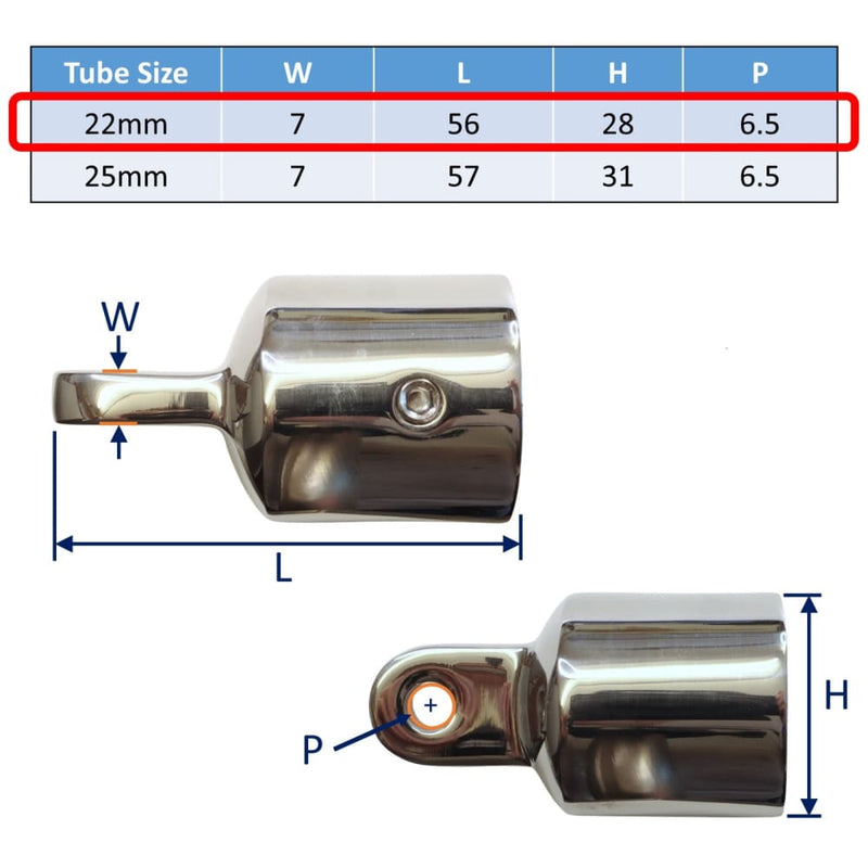 Stainless Steel Tube End Cap With Pivot Fitting For 22mm 